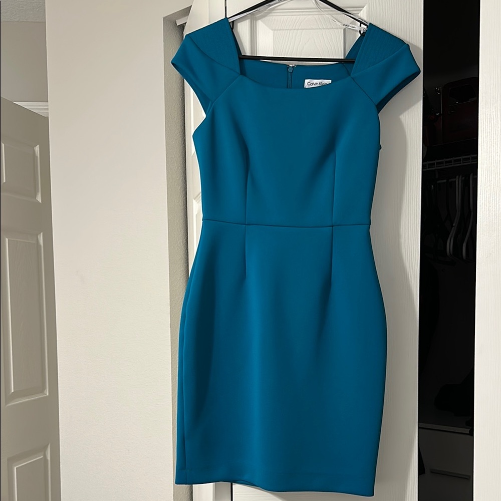 Calvin Klein Blue Sheath Mini Dress Square Neck Cap Sleeve